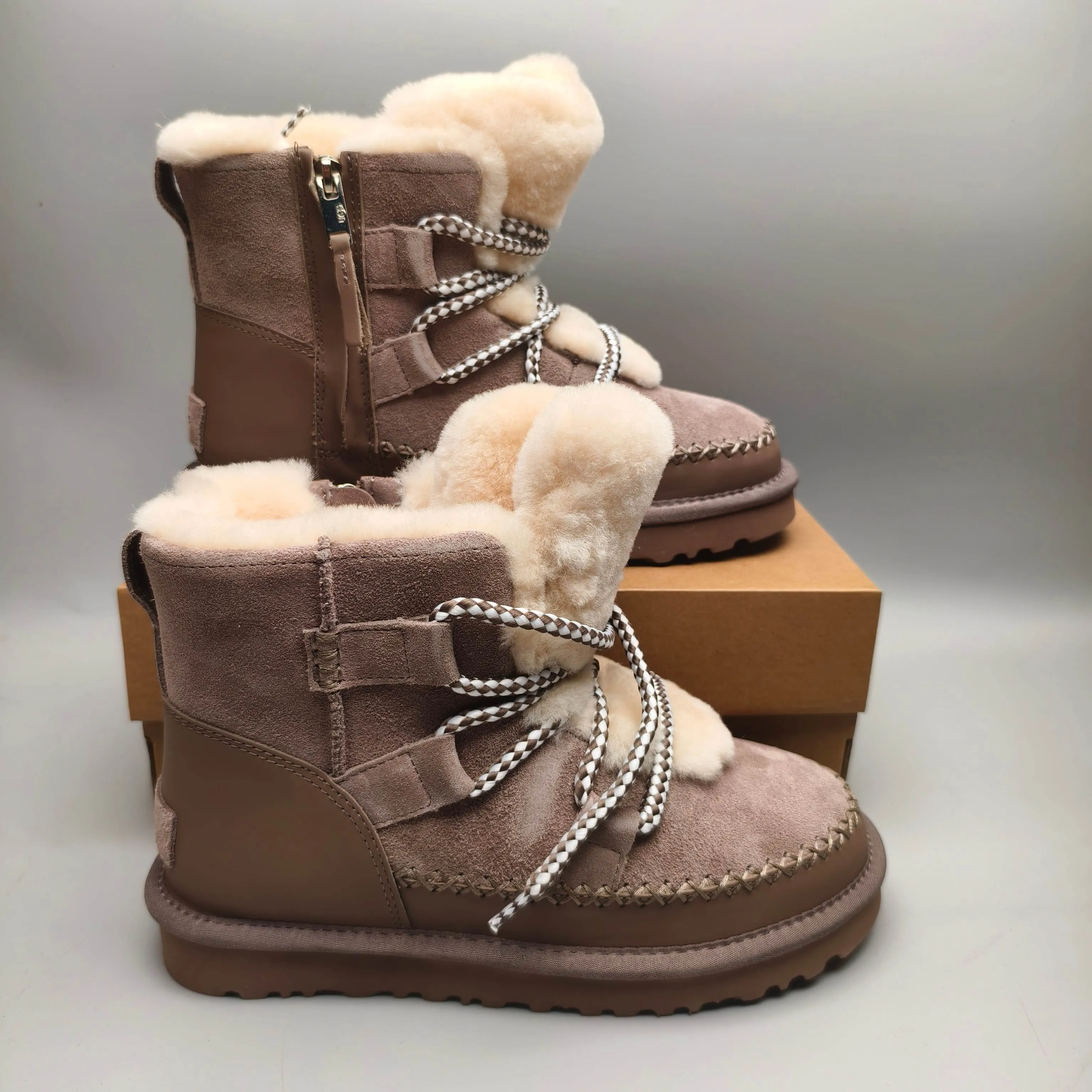 💰600 UGG sheepskin all-in-one snow boots 4574 lace-up side zipper casual shoes Color: Brown Maroon Matching size: 35-40